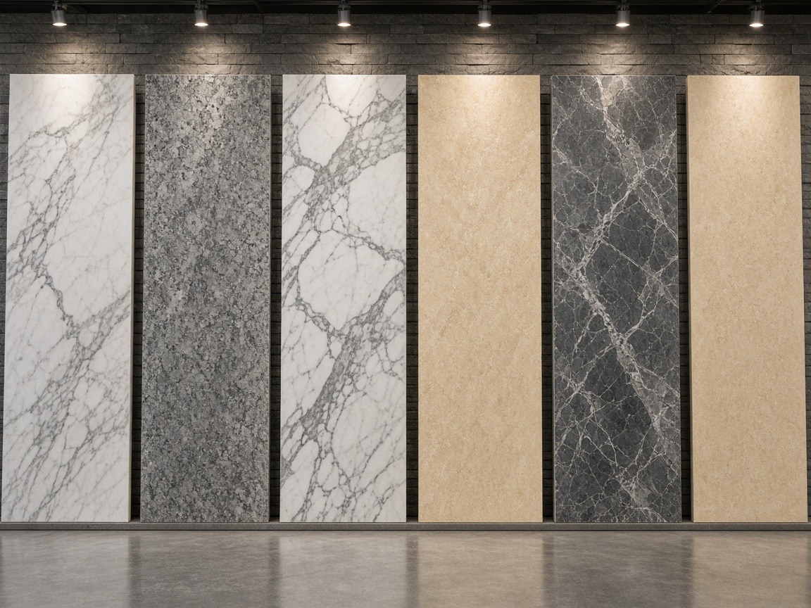 Stone slabs standing in the showroom